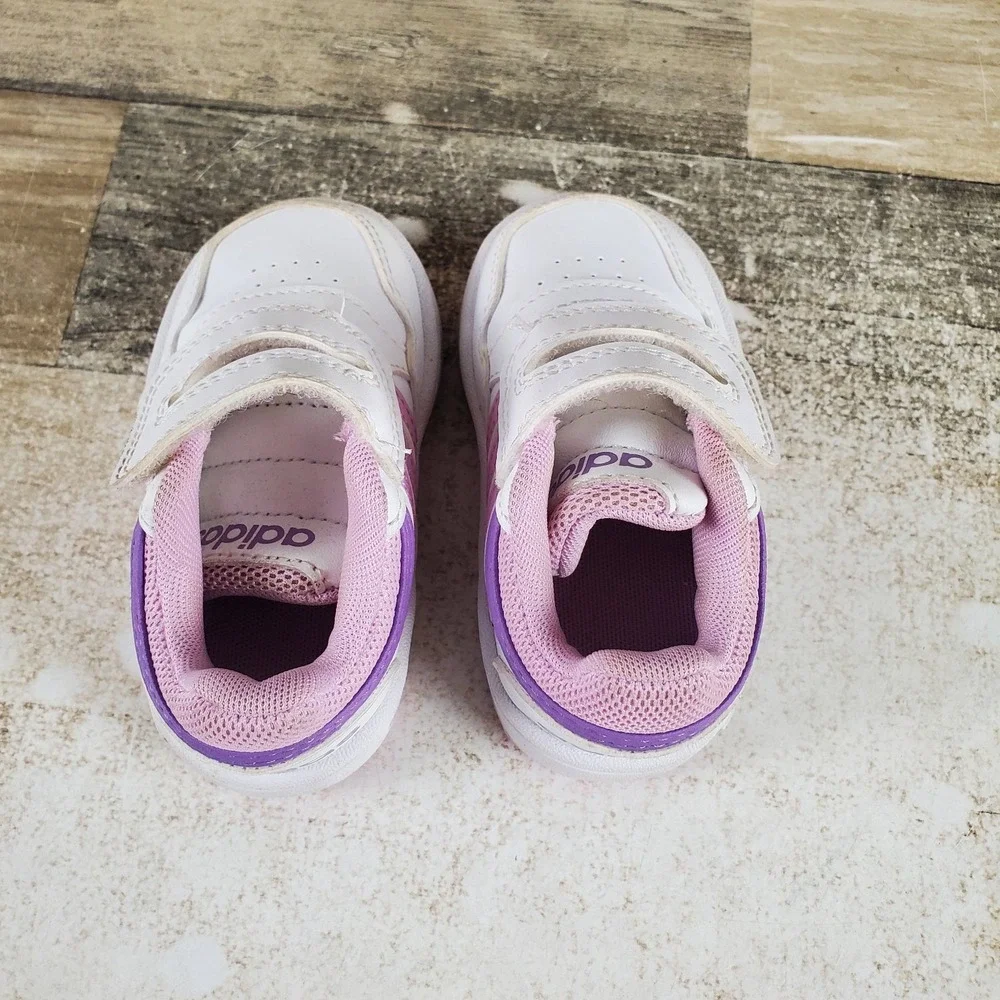 Adidas Hoops 3.0 Kids Sport Shoes Sz 5 Comfort White Lilac Round Toe Hook & Loop